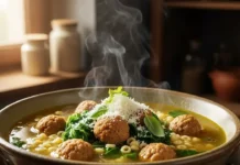 A steaming bowl of Italian wedding soup with golden mini meatballs