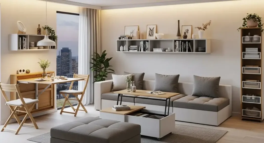 Modern small apartment interior featuring Multi-Functional apt Furniture