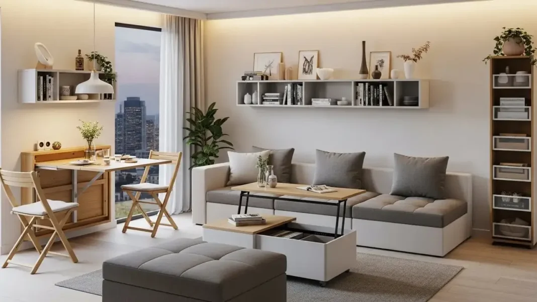 Modern small apartment interior featuring Multi-Functional apt Furniture