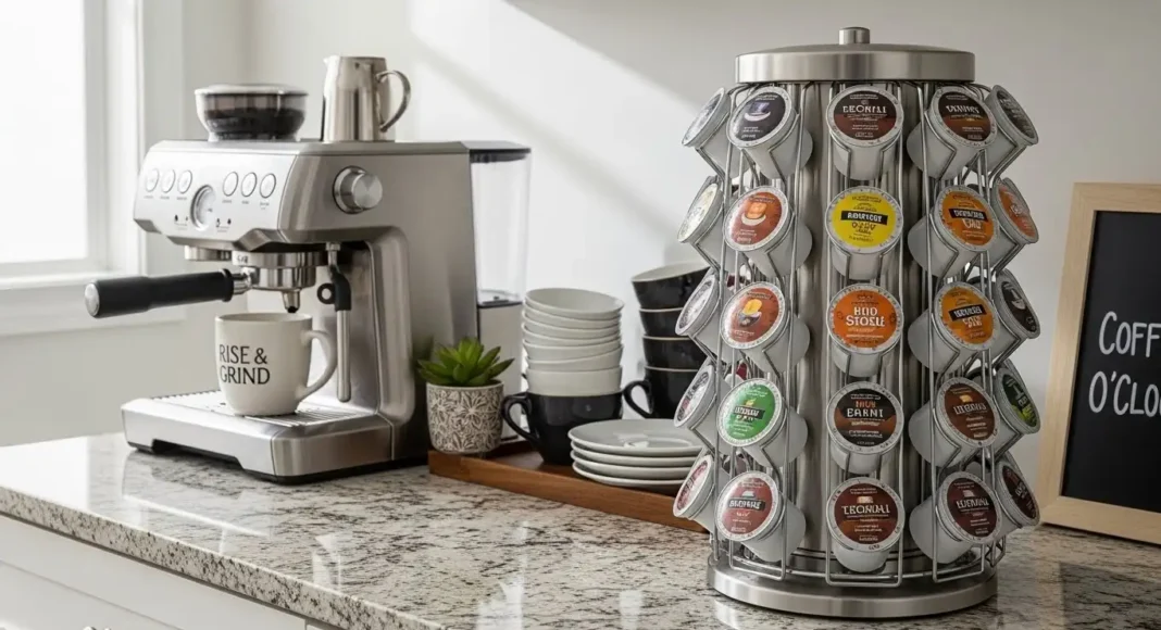 modern kitchen countertop with a stylish coffee pod holder for countertop