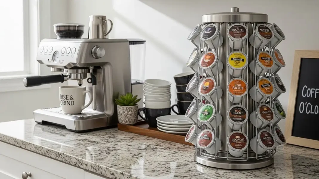 modern kitchen countertop with a stylish coffee pod holder for countertop