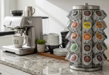 modern kitchen countertop with a stylish coffee pod holder for countertop