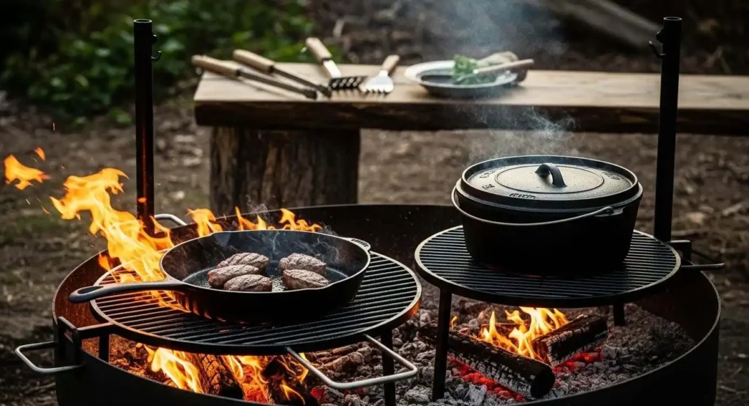 outdoor cooking scene featuring premium open fire cooking equipment