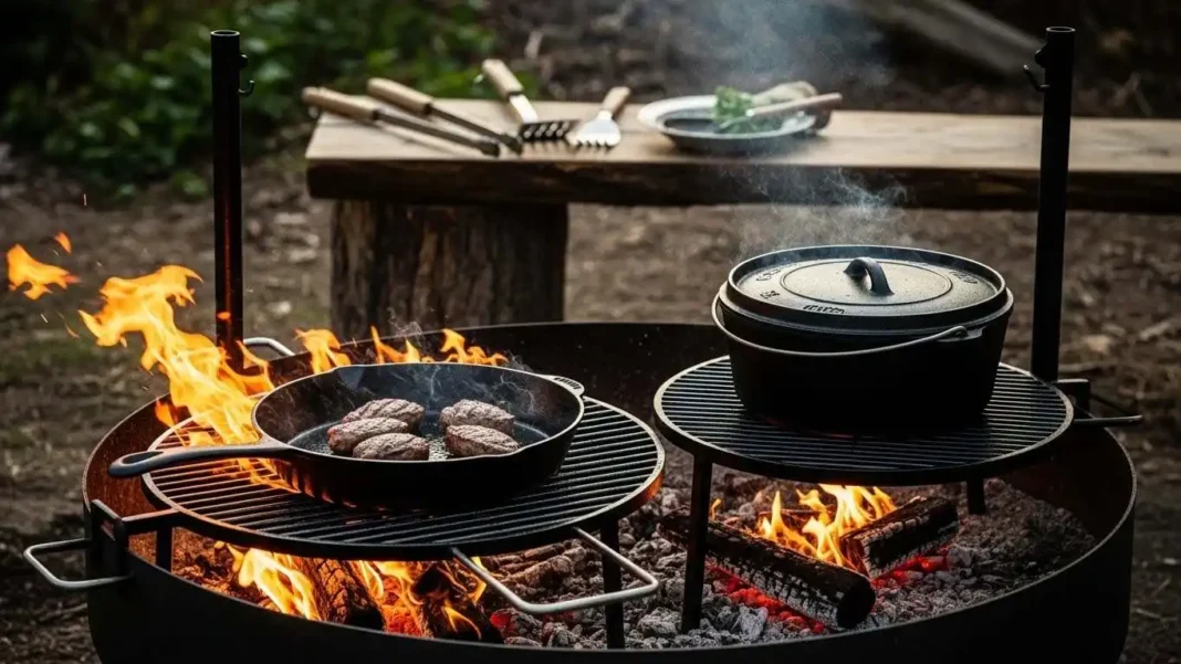 outdoor cooking scene featuring premium open fire cooking equipment