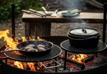 outdoor cooking scene featuring premium open fire cooking equipment