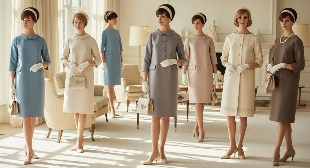1960s fashions for women featuring elegant vintage dresses and classic silhouettes