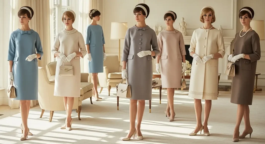 1960s fashions for women featuring elegant vintage dresses and classic silhouettes