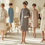 1960s fashions for women featuring elegant vintage dresses and classic silhouettes