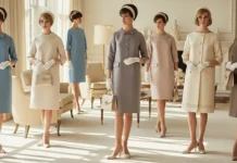 1960s fashions for women featuring elegant vintage dresses and classic silhouettes