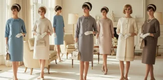 1960s fashions for women featuring elegant vintage dresses and classic silhouettes