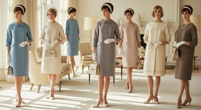 1960s fashions for women featuring elegant vintage dresses and classic silhouettes