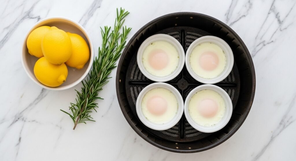 A flat-lay photo of an air fryer basket containing four white ceramic ramekins. Each ramekin holds a perfectly set poached egg.