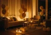 Cozy Gathering Décor with Balloons and Fairy Lights Cozy gathering décor with neutral balloons and warm fairy lights creating an elegant indoor atmosphere