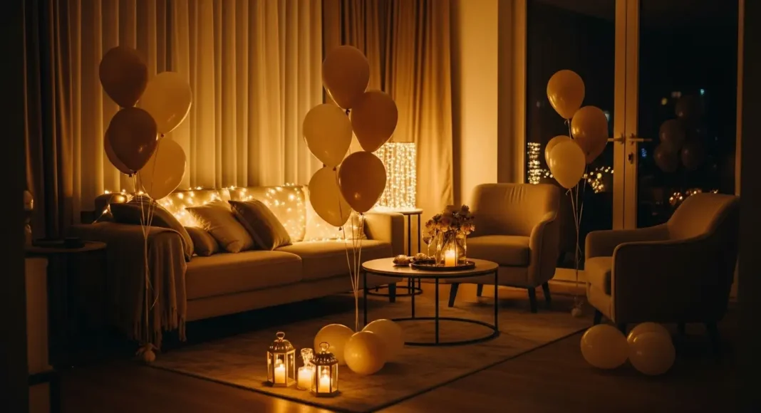 Cozy gathering décor with neutral balloons and warm fairy lights creating an elegant indoor atmosphere
