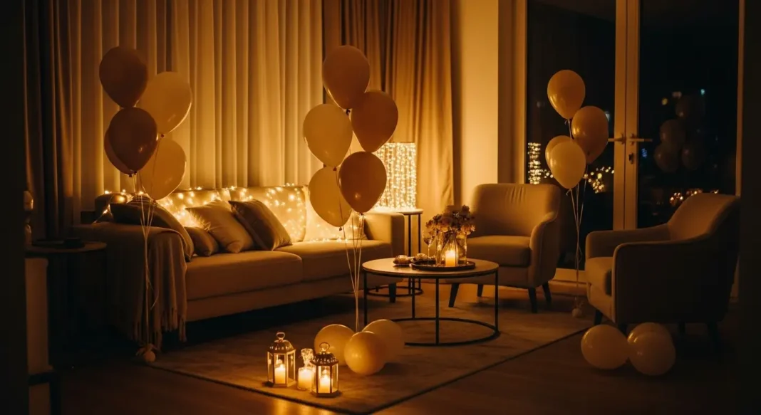 Cozy gathering décor with neutral balloons and warm fairy lights creating an elegant indoor atmosphere
