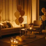 Cozy gathering décor with neutral balloons and warm fairy lights creating an elegant indoor atmosphere