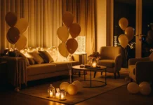 Cozy Gathering Décor with Balloons and Fairy Lights Cozy gathering décor with neutral balloons and warm fairy lights creating an elegant indoor atmosphere