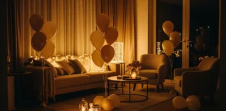 Cozy gathering décor with neutral balloons and warm fairy lights creating an elegant indoor atmosphere