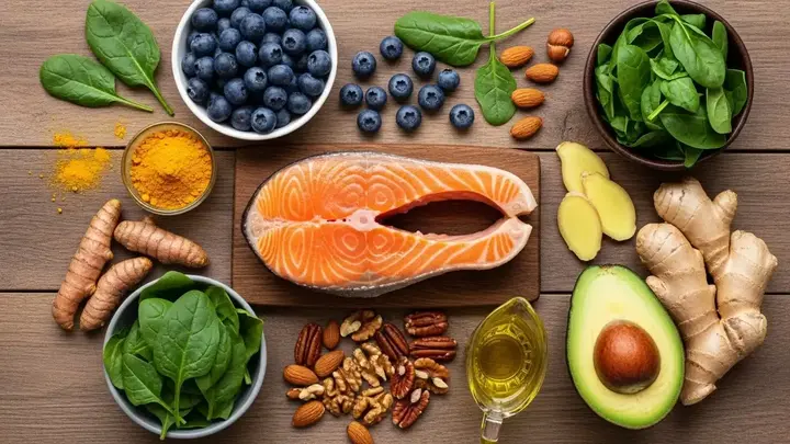 High-quality photorealistic image of anti inflammatory foods arranged on a rustic wooden table
