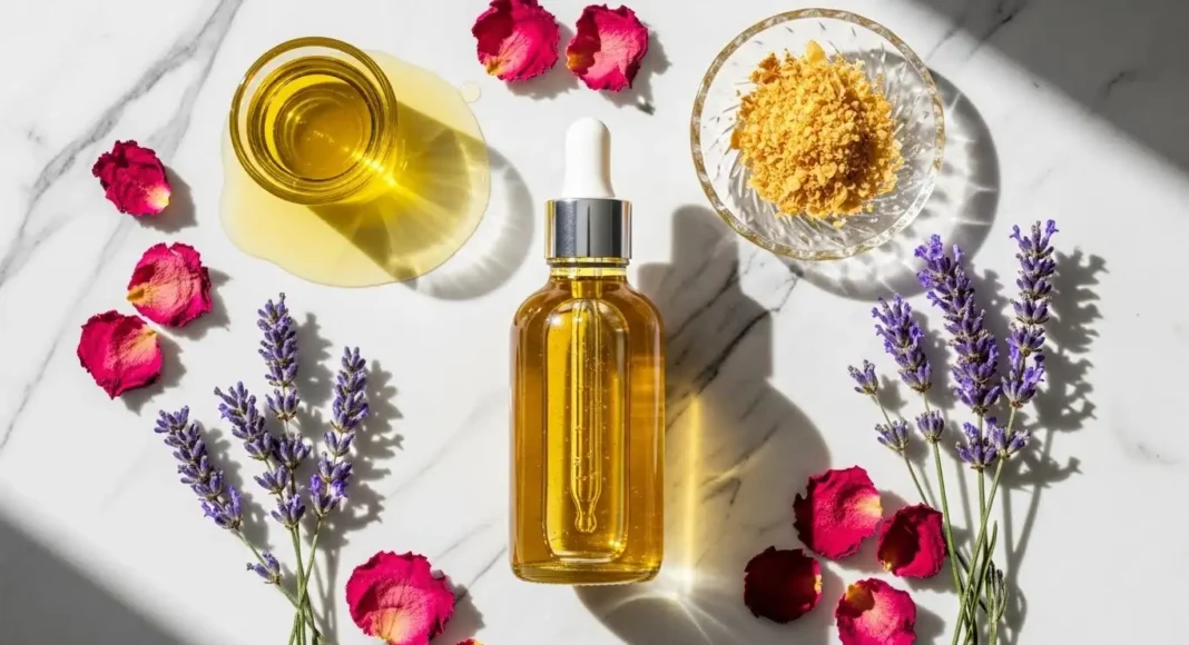 Luxury body oil recipe displayed in a glass dropper bottle