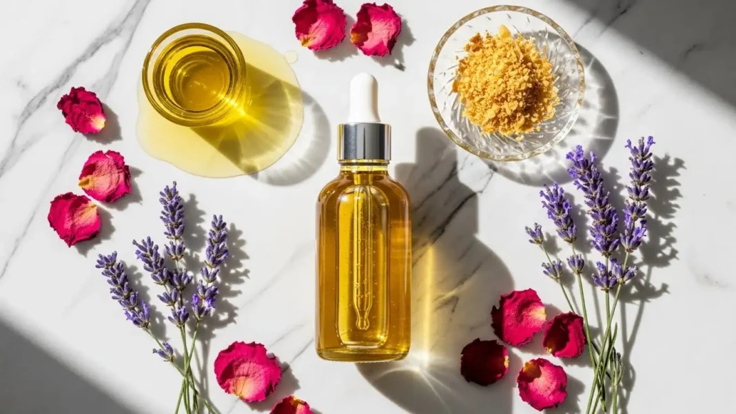 Luxury body oil recipe displayed in a glass dropper bottle