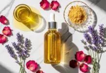 Luxury body oil recipe displayed in a glass dropper bottle