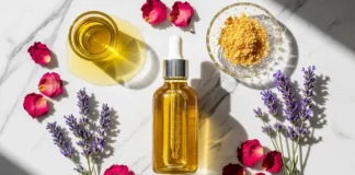 Luxury body oil recipe displayed in a glass dropper bottle