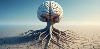 Psychology of resilience illustrated by a strong human brain growing roots through cracked ground
