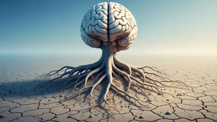 Psychology of resilience illustrated by a strong human brain growing roots through cracked ground