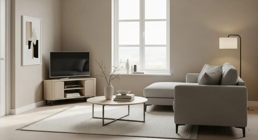 Small corner tv unit placed in a modern living room corner with minimalist decor