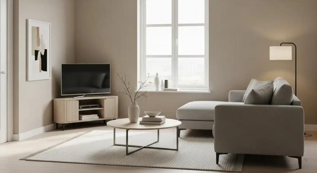 Small corner tv unit placed in a modern living room corner with minimalist decor
