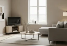 Small corner tv unit placed in a modern living room corner with minimalist decor