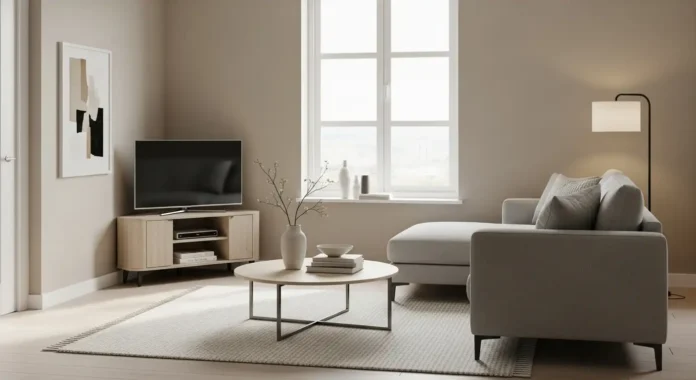 Small corner tv unit placed in a modern living room corner with minimalist decor