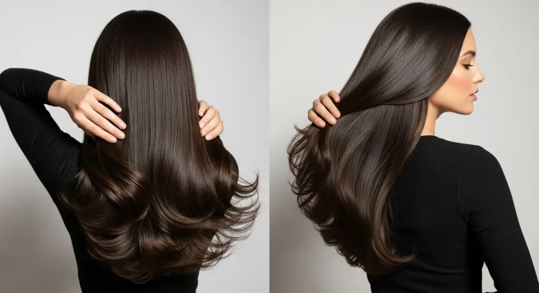 Woman with long luxy clip in hair extensions showing natural blend and healthy shine