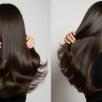 Woman with long luxy clip in hair extensions showing natural blend and healthy shine