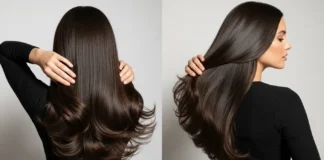 Woman with long luxy clip in hair extensions showing natural blend and healthy shine