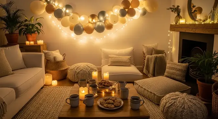 cozy gathering décor with balloons and fairy lights creating a warm living room atmosphere