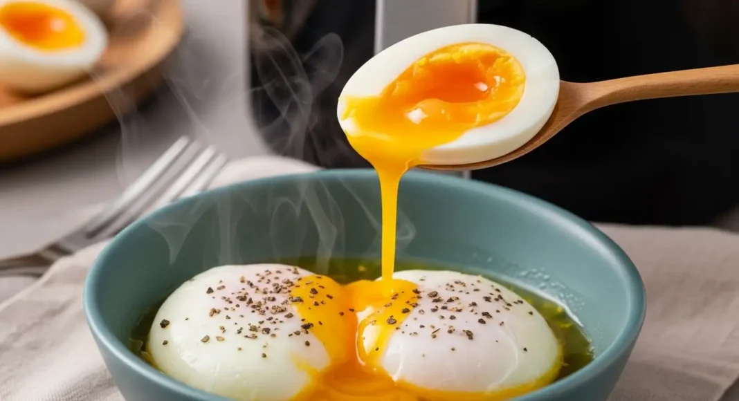 shot of a perfectly cooked soft poached eggs in air fryer