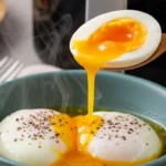 shot of a perfectly cooked soft poached eggs in air fryer