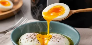 shot of a perfectly cooked soft poached eggs in air fryer
