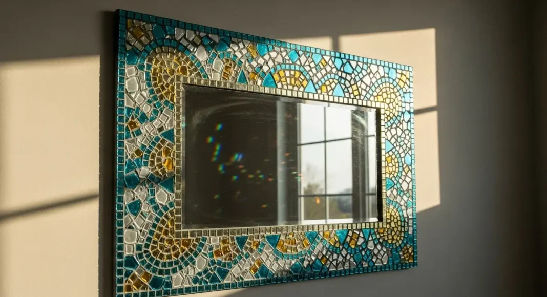 various colorful glass mosaic tiles scattered on a white wooden table