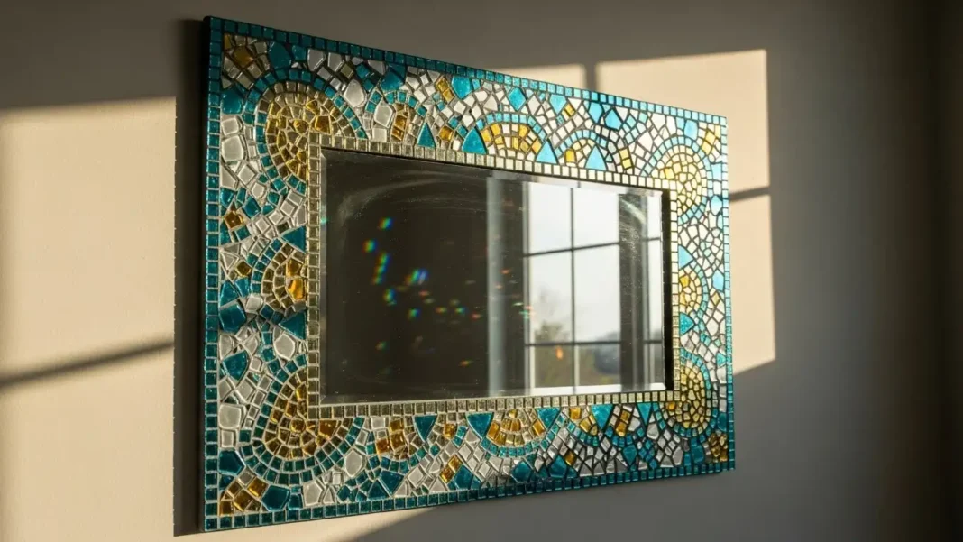 various colorful glass mosaic tiles scattered on a white wooden table