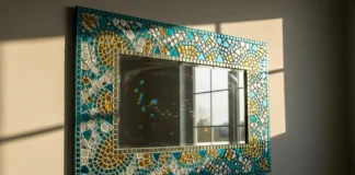 various colorful glass mosaic tiles scattered on a white wooden table