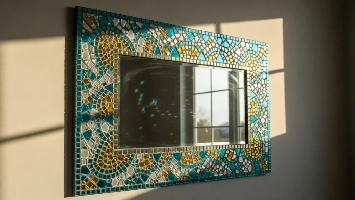 various colorful glass mosaic tiles scattered on a white wooden table