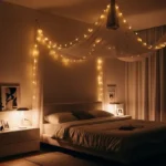 Fairy light canopy creating a romantic bedroom atmosphere for date night