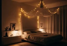 Fairy light canopy creating a romantic bedroom atmosphere for date night