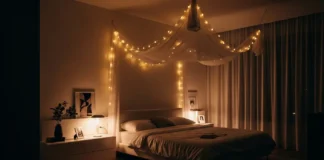 Fairy light canopy creating a romantic bedroom atmosphere for date night