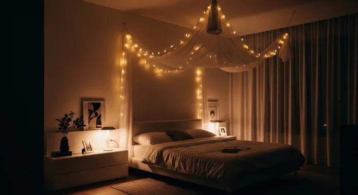 Fairy light canopy creating a romantic bedroom atmosphere for date night
