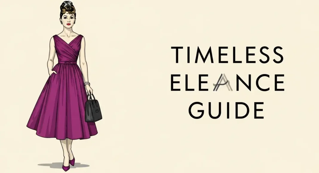 Woman wearing a black midi dress inspired by Audrey Hepburn with pearl earrings and sleek bun hairstyle in a minimalist luxury setting.