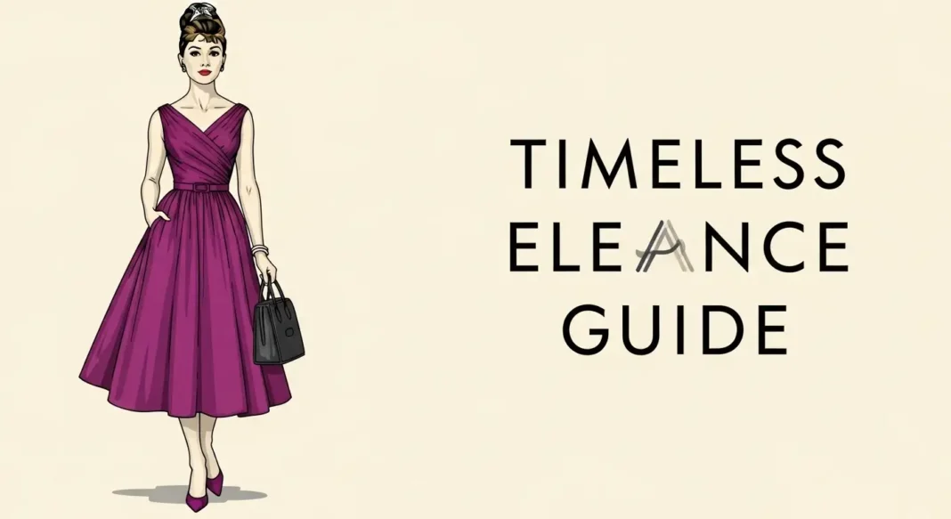 Woman wearing a black midi dress inspired by Audrey Hepburn with pearl earrings and sleek bun hairstyle in a minimalist luxury setting.